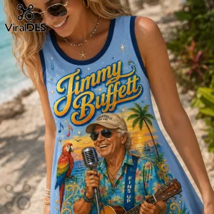 Light blue tank dress featuring Jimmy Buffett graphic with a parrot, guitar, microphone, and tropical beach sunset.!