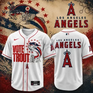 Los Angeles Angels baseball jersey with Vote Trout graphic featuring a fish wearing a hat and red and blue stars.!