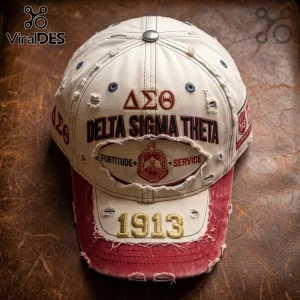 Distressed cream and red Delta Sigma Theta baseball cap featuring embroidered Greek letters, crest, and the year 1913.!