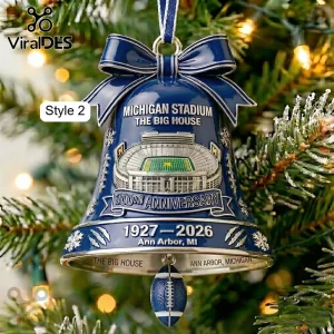 Blue metal bell Christmas ornament with Michigan Stadium The Big House 100th Anniversary text and a football clapper.!