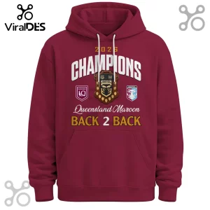 Maroon hooded sweatshirt with 2024 Queensland Maroons Champions graphics, shield crest, and Back 2 Back text.!