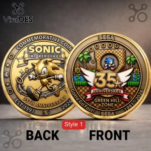 Sonic the Hedgehog 35th anniversary gold commemorative coin showing Green Hill Zone and embossed character portraits.!