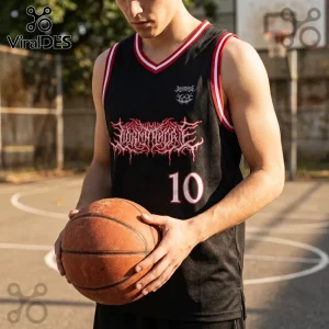 Black basketball jersey featuring red and white trim, a metal band logo across the chest, and the number 10 in white.!