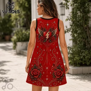 Woman wears a red sleeveless A-line dress featuring a graphic heart with lightning bolt, wings, and roses print.!