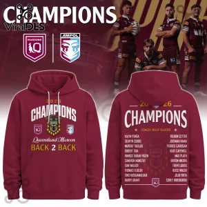 Maroon Queensland Maroons 2026 back-to-back champions hoodie with Ampol State of Origin logo and player names on back.!