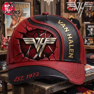 Van Halen Logo Red and Black Baseball Cap featuring a 3D cracked leather effect and silver emblem on a textured crown.