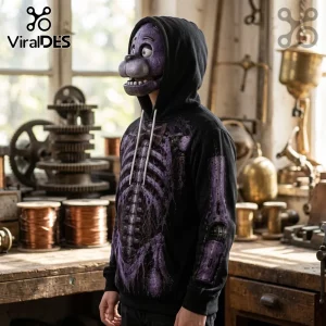Five Nights at Freddy's Purple Mechanical Skeleton Hoodie on person wearing a matching purple animatronic mask.