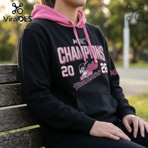 Black hooded sweatshirt with pink lining and drawstrings featuring Adelaide Thunderbirds 2026 Champions graphics.!