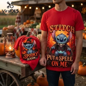 Stitch Halloween Witch Hat Vampire Red T-Shirt featuring a graphic of Stitch in a cape with text Put A Spell On Me.