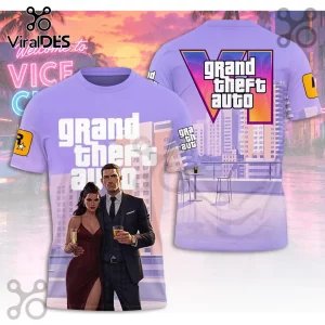 Grand Theft Auto VI lavender t-shirt featuring a man and woman in formal wear, city skyline background, and Rockstar logo.!