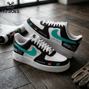 Mercedes AMG Petronas F1 Custom Nike Air Force 1 sneakers with black and white panels, teal swoosh, and German flag detail.