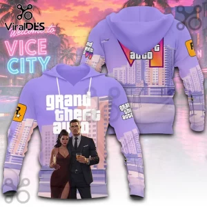 Lavender Grand Theft Auto VI graphic hoodie featuring a couple on the front and a Vice City skyline on the back.!