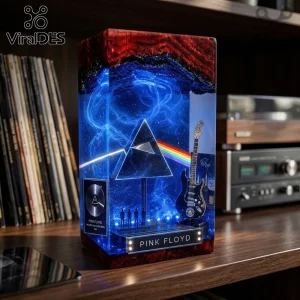 Pink Floyd resin night light featuring The Dark Side of the Moon prism, guitar, and blue nebula effect on wood base.!