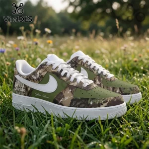Custom olive green and camo sneakers with white swooshes, butterfly graphics, and The Great Divide Tour text in grass.!