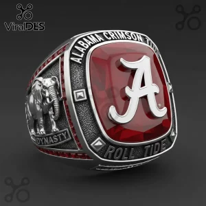 Alabama Crimson Tide Logo Red Stone Championship Ring featuring a large red center stone, silver elephant, and text.
