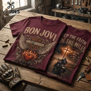 Maroon t-shirt with Bon Jovi and Harley-Davidson graphics, featuring a flaming heart, cross, motorcycle, and text on wood.!