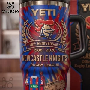 Newcastle Knights 38th Anniversary Tie-Dye 40oz Tumbler with team logo, wreath emblem, and stadium graphic on red-blue base.