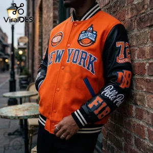 Orange wool and black leather Pelle Pelle New York Knicks varsity jacket with embroidered patches and snap-button closure.!