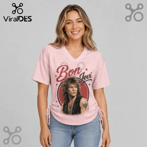 Bon Jovi Livin On A Prayer Pink Lace-Up Jersey featuring a graphic of young Jon Bon Jovi in a circular red frame.
