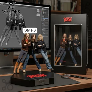 Rush band member figurines on a hexagonal stand next to a branded black display box and computer monitor.!