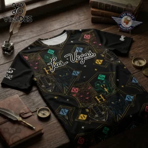 Las Vegas Aviators x Harry Potter 2026 black t-shirt featuring gold Hogwarts house crests and neon geometric designs.