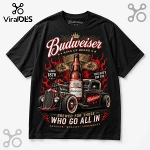 Black cotton t-shirt featuring a vintage hot rod truck, a Budweiser beer bottle, and red flame graphics.!