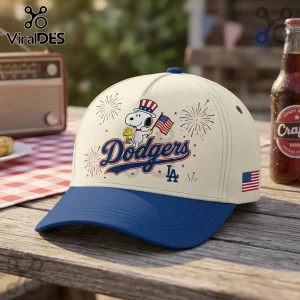 Cream and blue baseball cap featuring Snoopy in a patriotic top hat with Woodstock, Dodgers text, and fireworks graphics.!