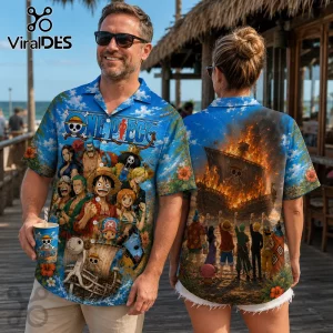 One Piece anime Hawaiian shirt featuring Monkey D. Luffy, crew members, and the Going Merry ship on a blue floral background.!