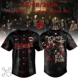 Black My Chemical Romance and Washington Nationals baseball jersey with skeletal marching band graphic on back.!
