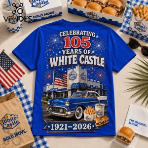 White Castle 105th Anniversary Royal Blue T-Shirt featuring a vintage car, fireworks, and the 1921-2026 milestone graphic.