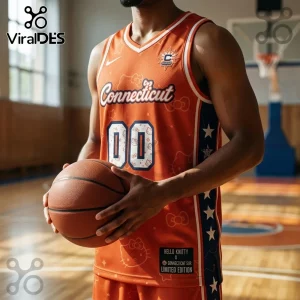 Hello Kitty x Connecticut Sun Orange Basketball Jersey featuring number 00, white stars, and character graphics on mesh.