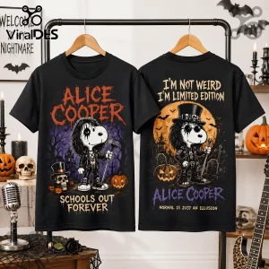 Snoopy x Alice Cooper Halloween black T-shirt featuring Snoopy dressed as Alice Cooper in front of a spooky moonlit scene.