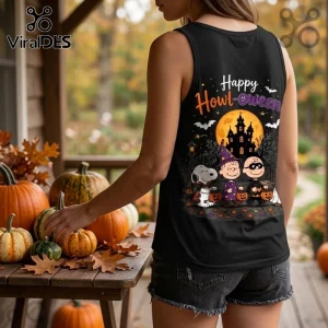 Snoopy Boo Crew Halloween 2026 V-Neck Tank Top featuring Peanuts characters in costumes before a spooky haunted mansion.