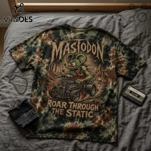 Tie-dye t-shirt featuring a green cartoon rodent driving a hot rod, Mastodon text, and Roar Through The Static caption.!