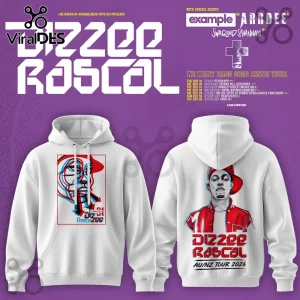 White hoodie with Dizzee Rascal 2026 tour graphics in red and blue sketch style on front and back against purple background.!