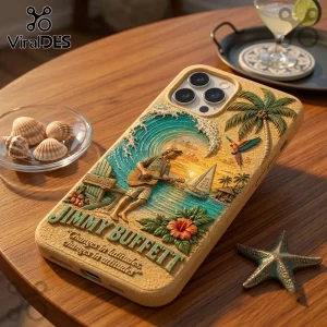 Jimmy Buffett Margaritaville embossed textured phone case featuring a beach scene, palm trees, and a guitarist.