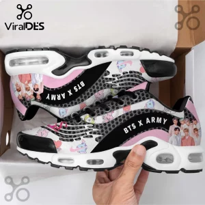 BTS x ARMY Pattern Athletic Running Shoes featuring cartoon character prints, pink accents, and a group photo in a box.
