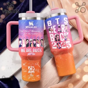 BTS 2025 Festa Stainless Steel Handle Tumbler featuring group portraits, orange gradient finish, and member signatures.