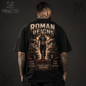 Black cotton t-shirt featuring Roman Reigns graphic, WWE Tribal Chief imagery, and bold typography on a male model back.!