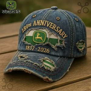 Distressed blue denim baseball cap featuring an embroidered 189th Anniversary John Deere logo and 1837-2026 text.!