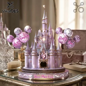 Personalized Magical Castle LED Light Sculpture with purple turrets, glitter balloons, and custom names on a glass table.