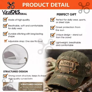 Olive green distressed Jeep baseball cap with embroidered patches, text, and adjustable strap detail on wooden surface.!