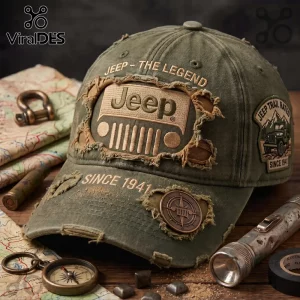 Distressed olive green Jeep baseball cap with embroidered Jeep logo, Trail Rated patch, and antique compass detail.!