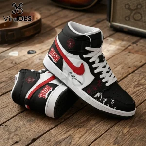 Rush Fifty Something Tour 2026 High-Top Sneakers featuring a black, white, and red leather design on a wooden floor.