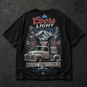 Black t-shirt back graphic featuring a vintage truck, American flags, Coors Light branding, and snowy mountain landscape.!