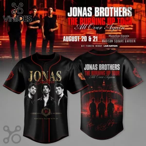 Jonas Brothers Burning Up Tour baseball jersey featuring black fabric, red trim, band member photos, and city skyline graphics.!