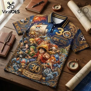 One Piece 30th anniversary polo shirt with Straw Hat Crew characters, nautical maps, and gold ornate detailing.!
