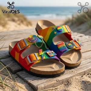 Rainbow patterned double-strap cork sandals with metal buckles and decorative pride-themed charms on a wooden boardwalk.!