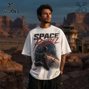 White oversized t-shirt with vintage-style space fighter graphic, red text reading Space Rebel, and Rebel Alliance symbol.!