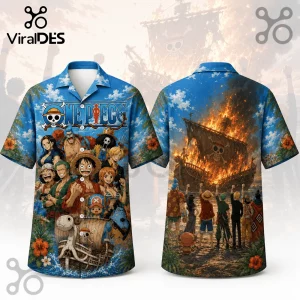 One Piece anime button-down shirt featuring Straw Hat crew on front and Going Merry ship burning on back, blue tropical style.!